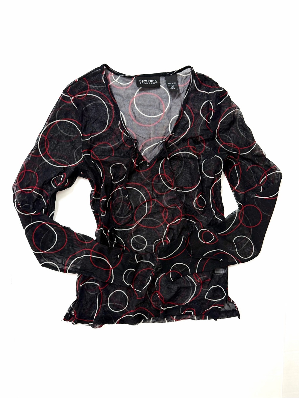 New York & Company Black Mesh Front Tie Top — Red & White Circle Print Cyber S